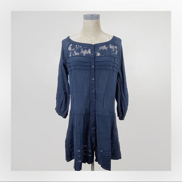 Free People Lace Gauze Tunic Navy Blue Boho Dress Medium - Picture 1 of 3